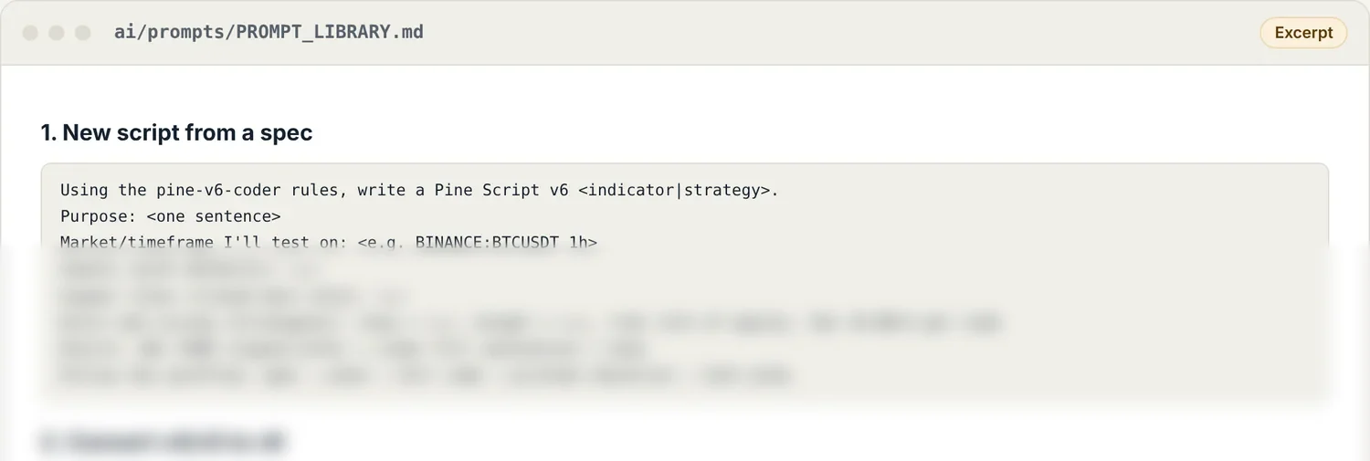 Prompt library excerpt with the prompts for a new script from a spec and for converting v4 or v5 code to v6.