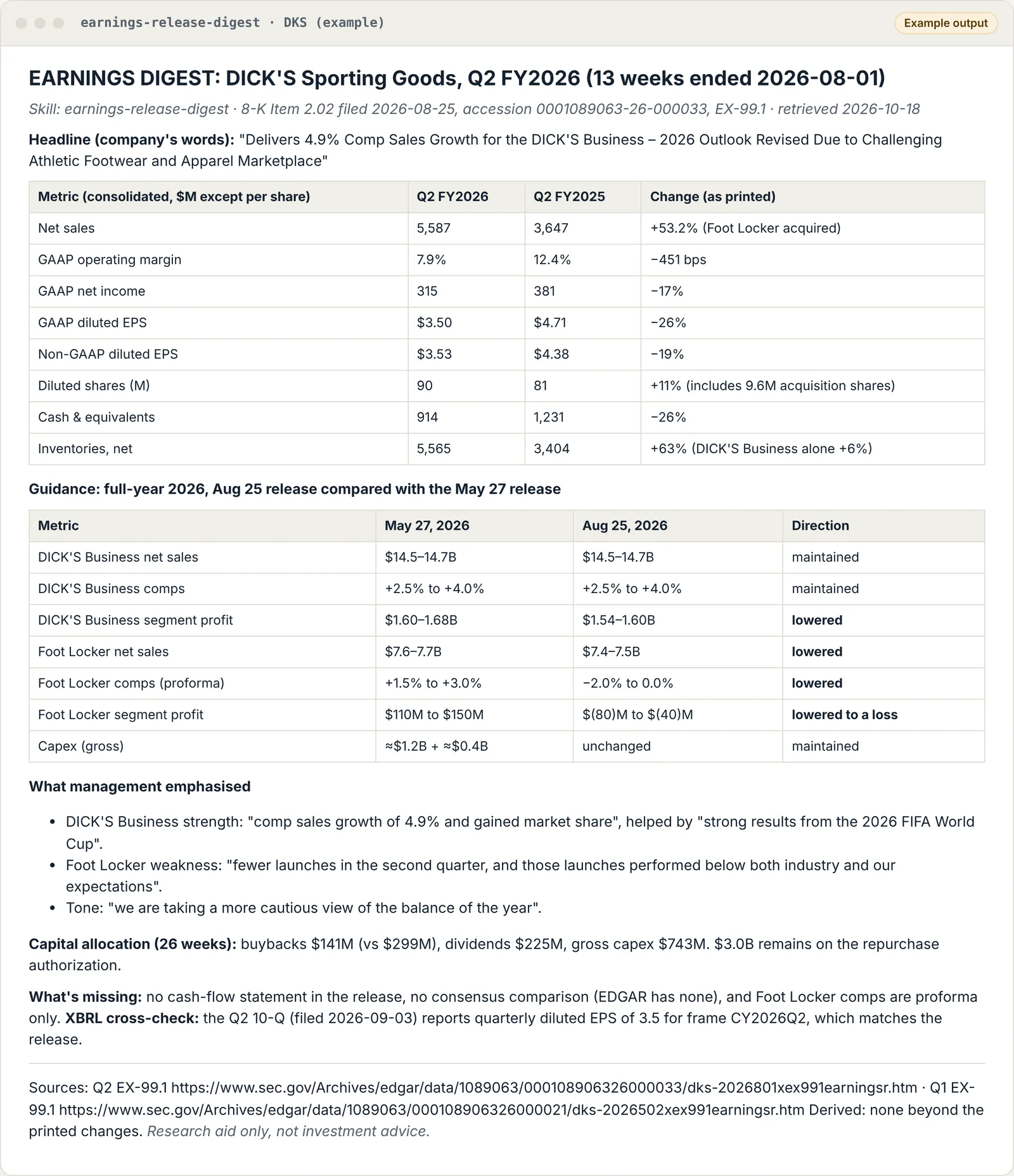 Earnings digest for DICK'S Sporting Goods Q2 fiscal 2026 with a results table and a guidance table comparing the May and August releases, with accession numbers and links.