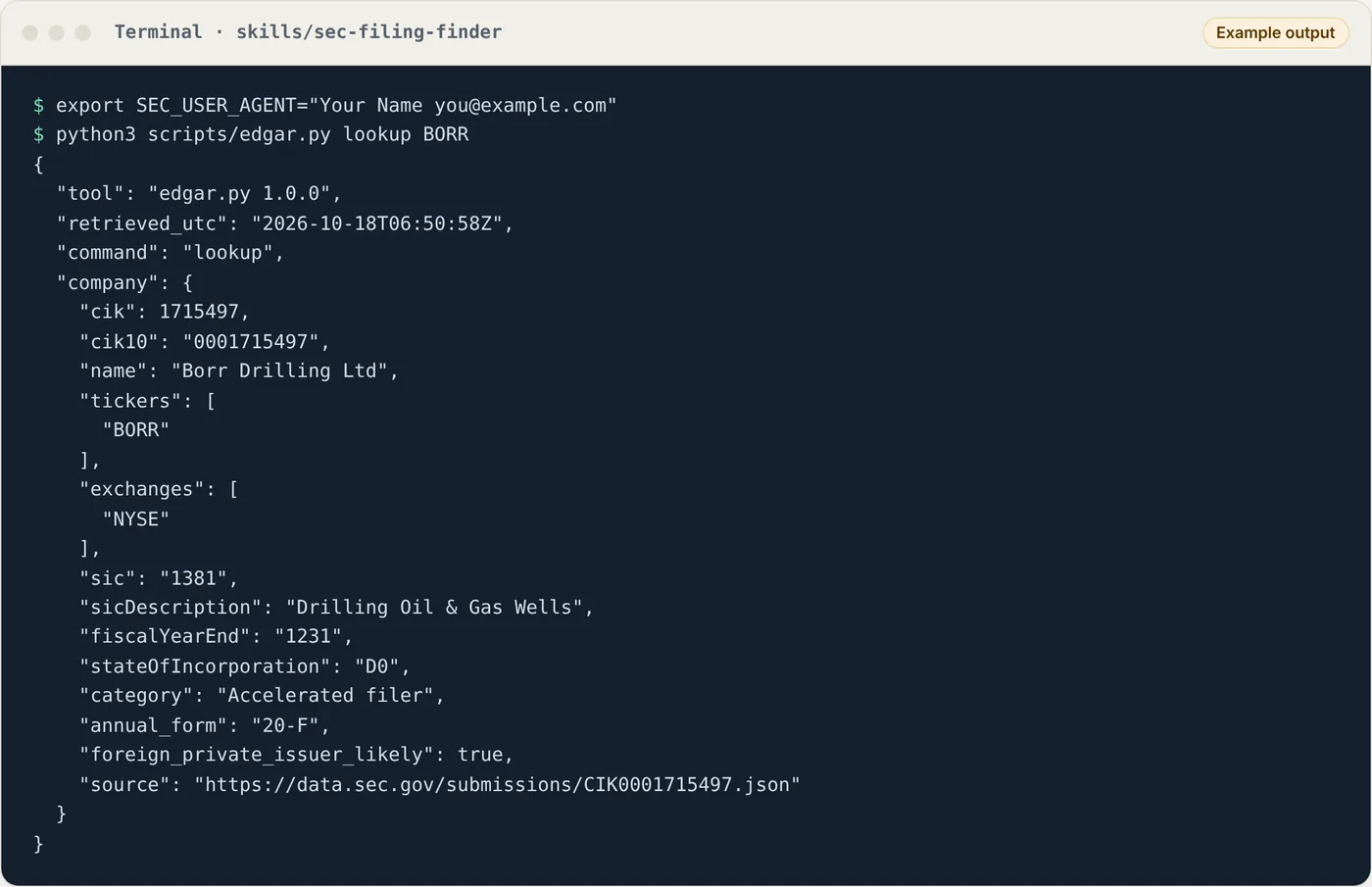 Terminal running python3 scripts/edgar.py lookup BORR and printing the company's CIK, exchange, filer category and annual form as JSON.