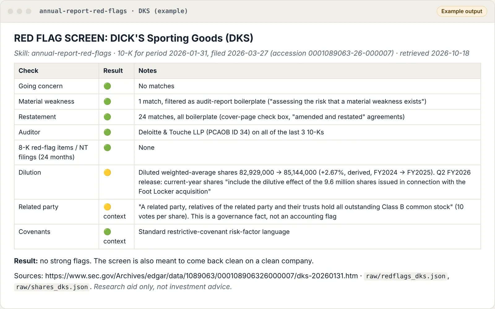 Red-flag screen for DICK'S: going concern, material weakness, restatement, auditor and filing checks, with boilerplate matches filtered out.